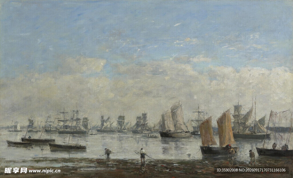 海港船只风景油画