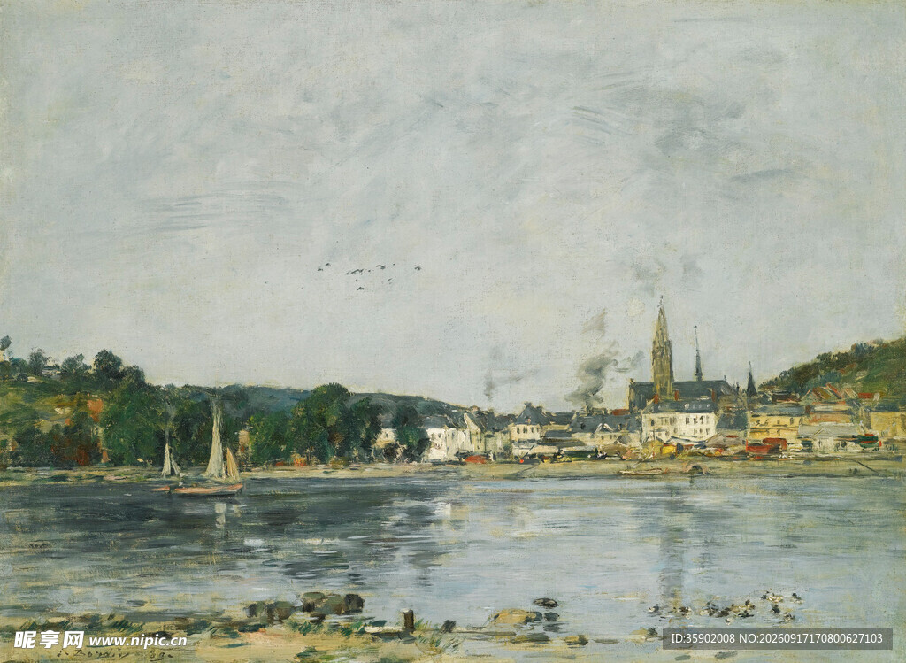 河畔风景油画