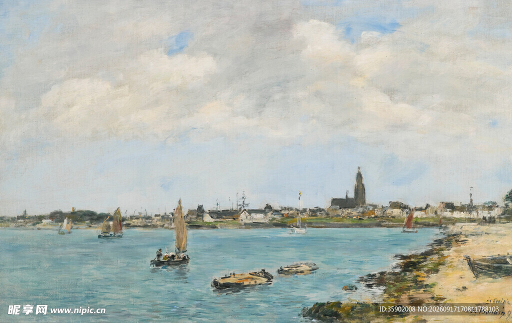 海滨港口风景油画