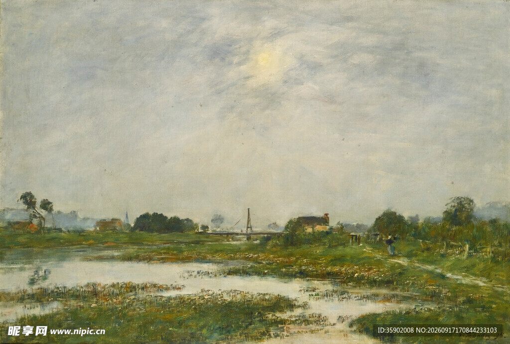 河畔风景油画