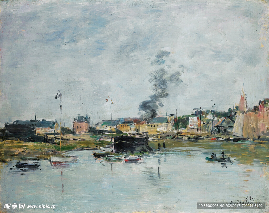 河畔风景油画