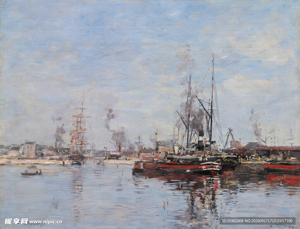 港口船只风景油画