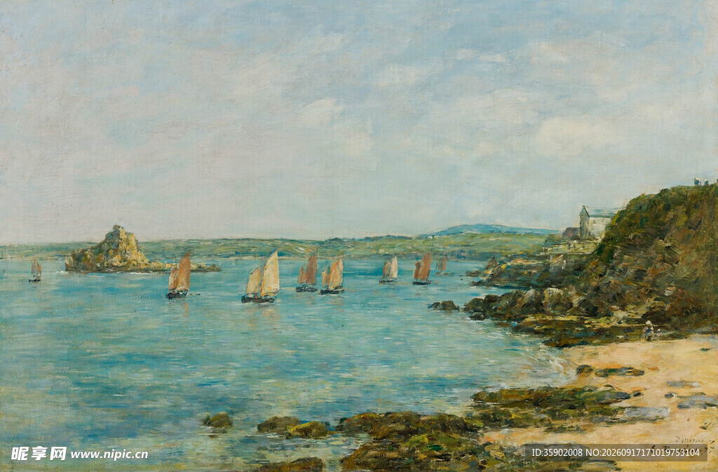 海滨帆船风景油画