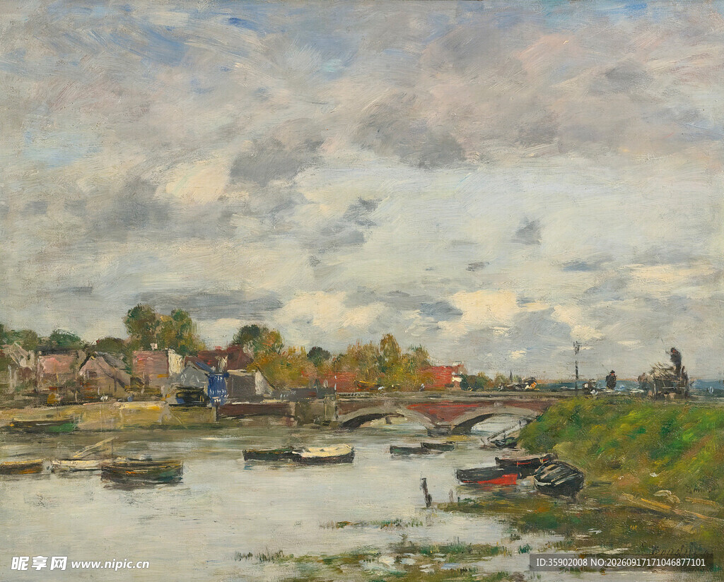 河畔乡村风景油画
