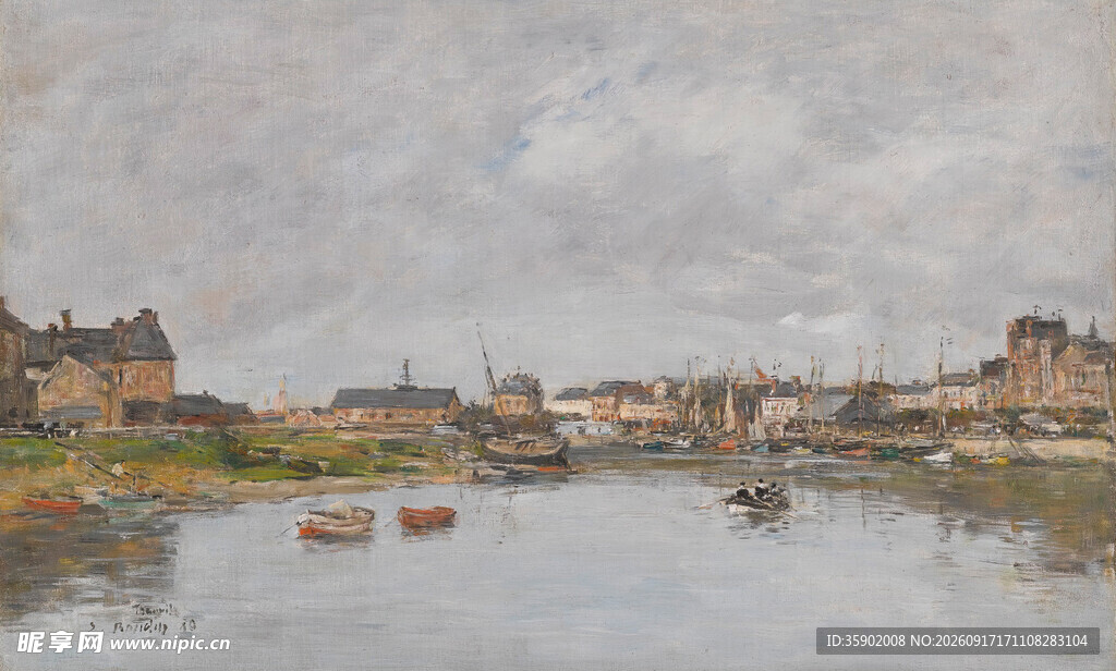 河畔城镇风景油画