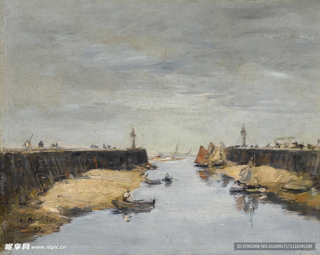 河畔船只风景油画