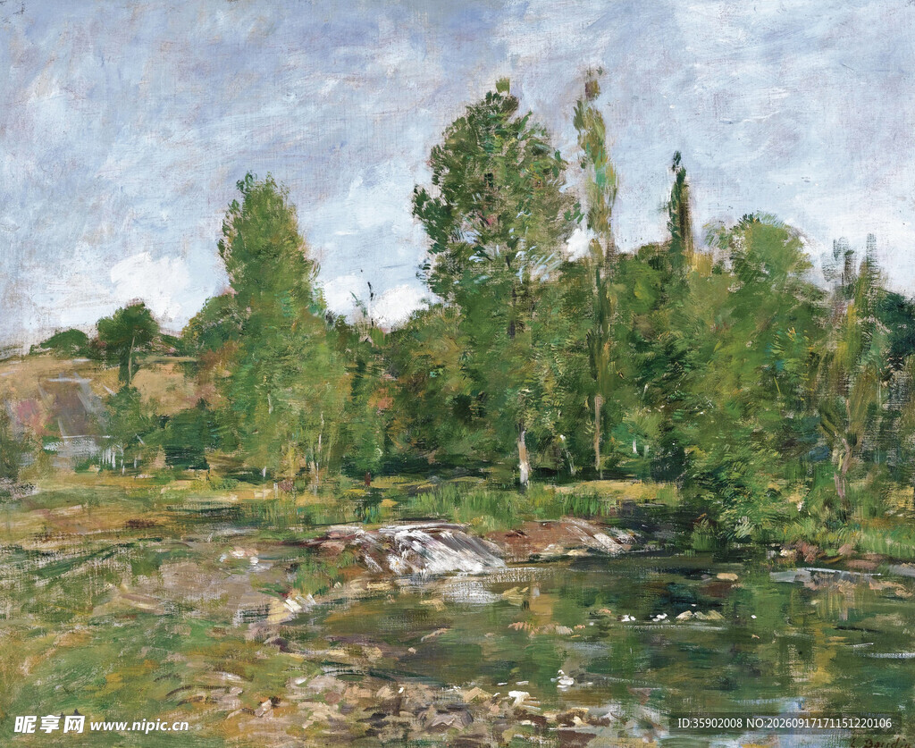 河畔绿树风景油画