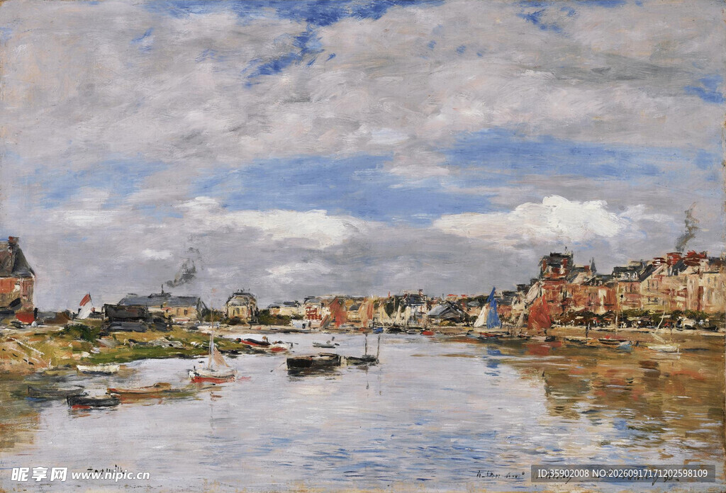 河畔小镇风景油画