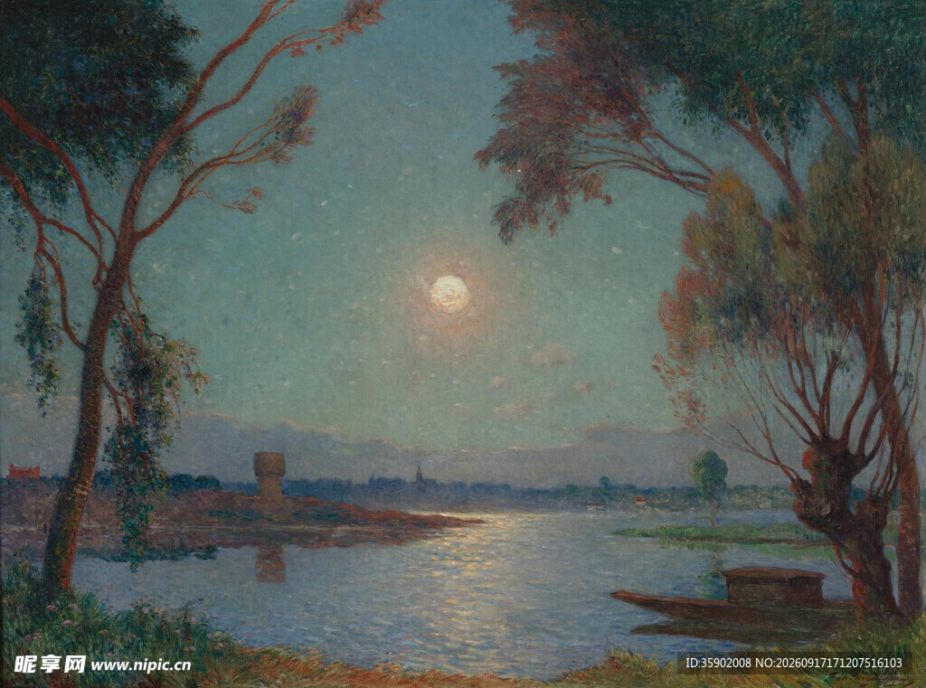 月夜湖畔风景油画