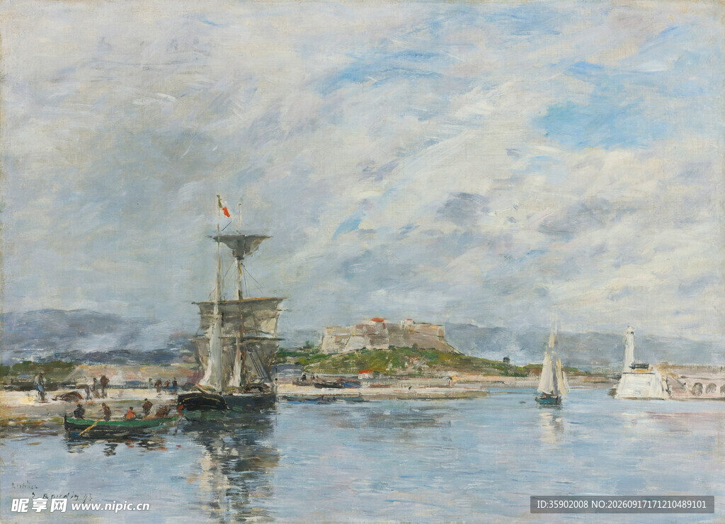 海港风景船只与灯塔