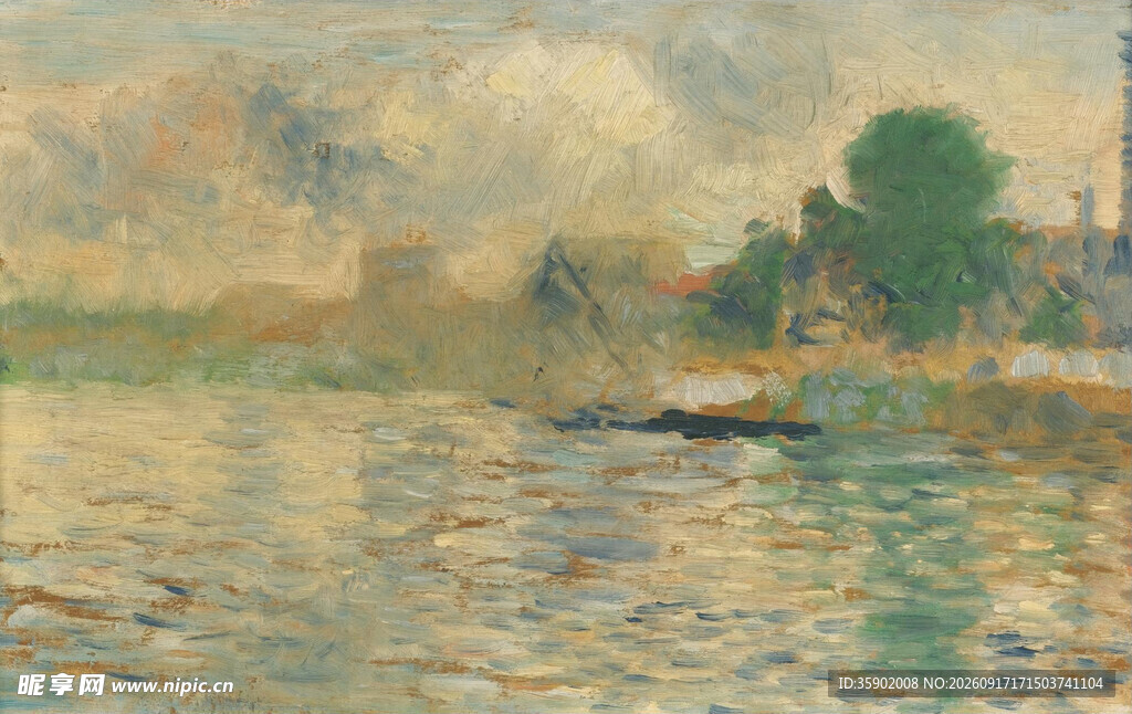 河畔小船风景油画