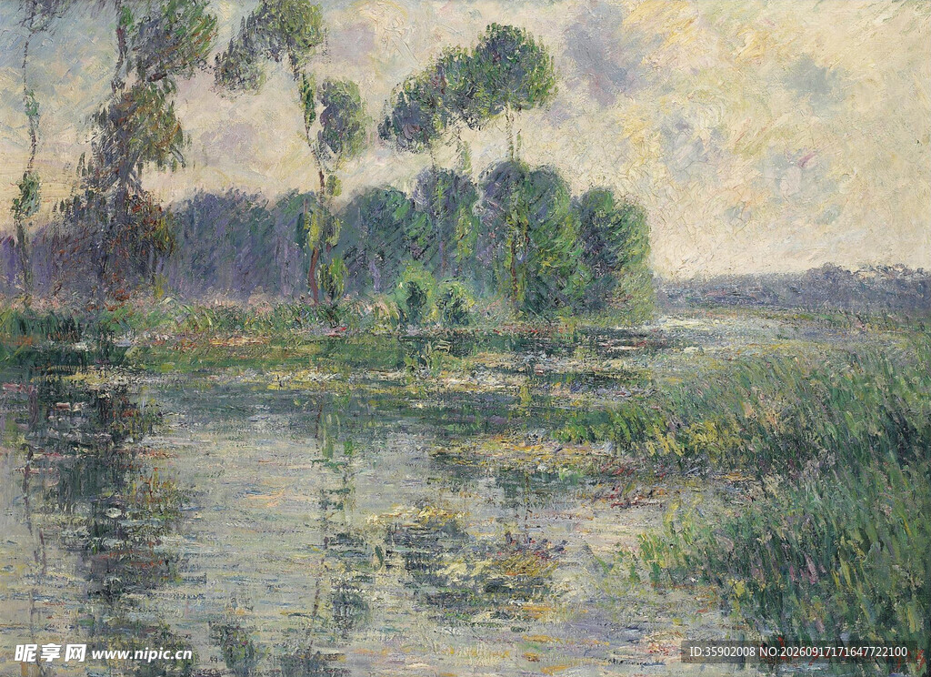 河畔风景油画