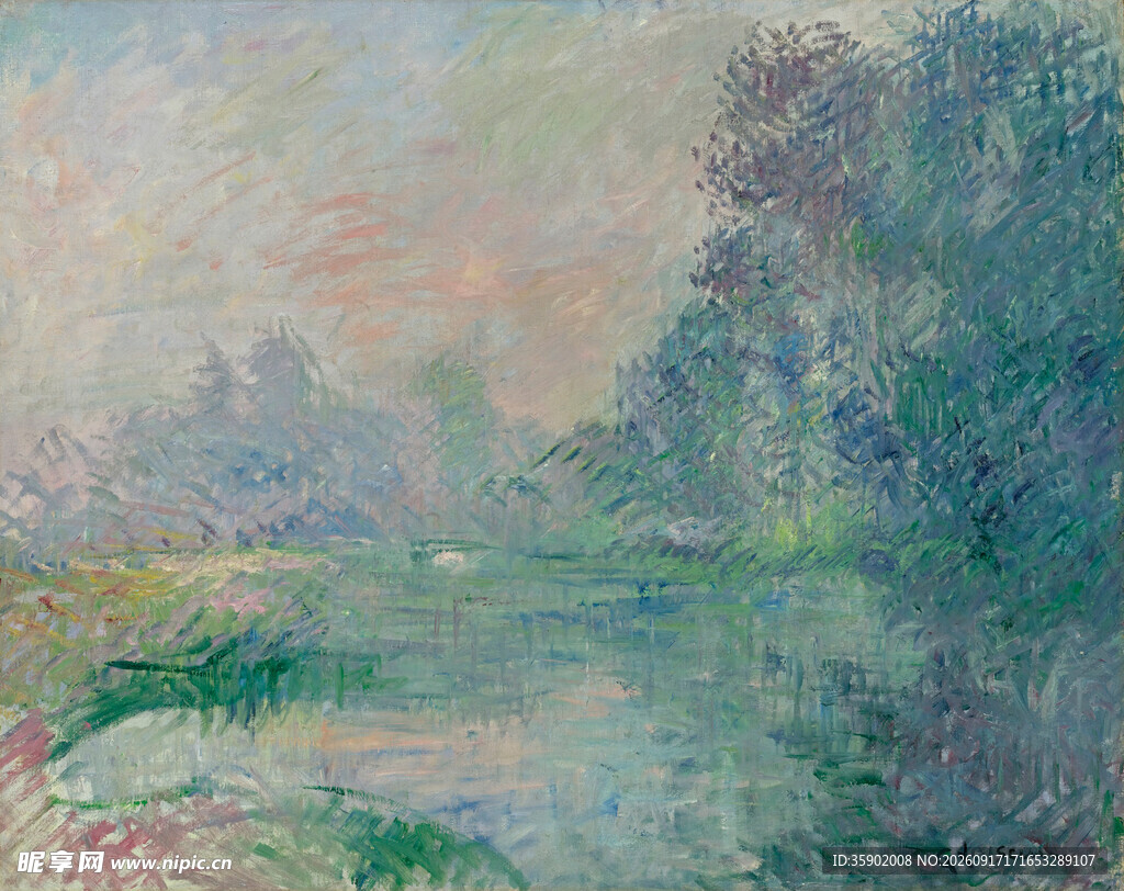河畔晨景油画