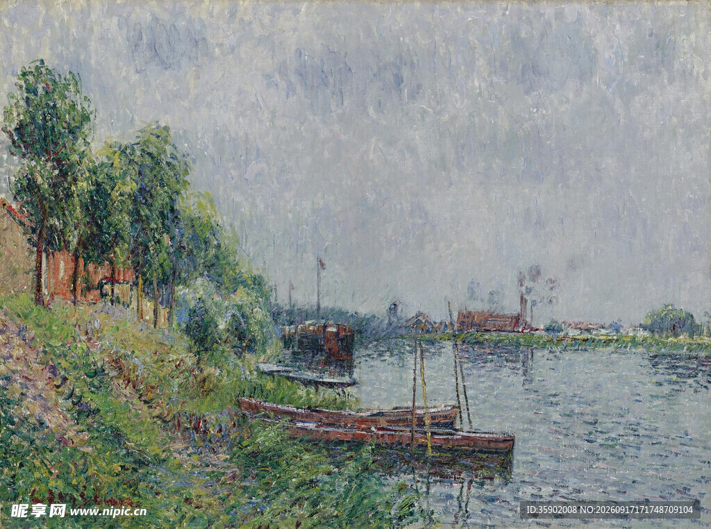 河畔船只风景油画