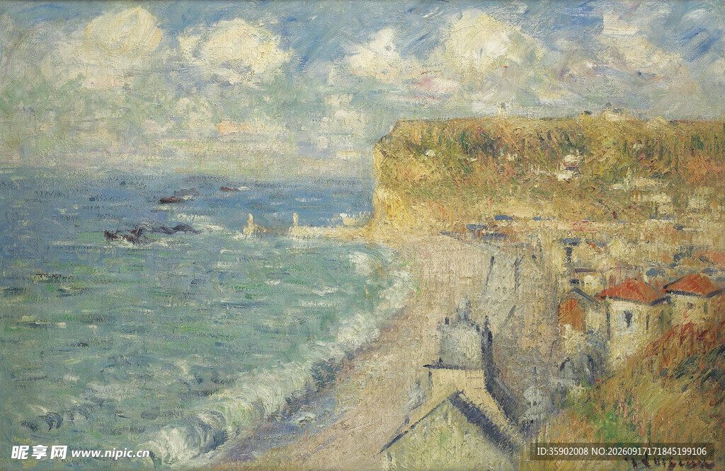 海边小镇风景油画