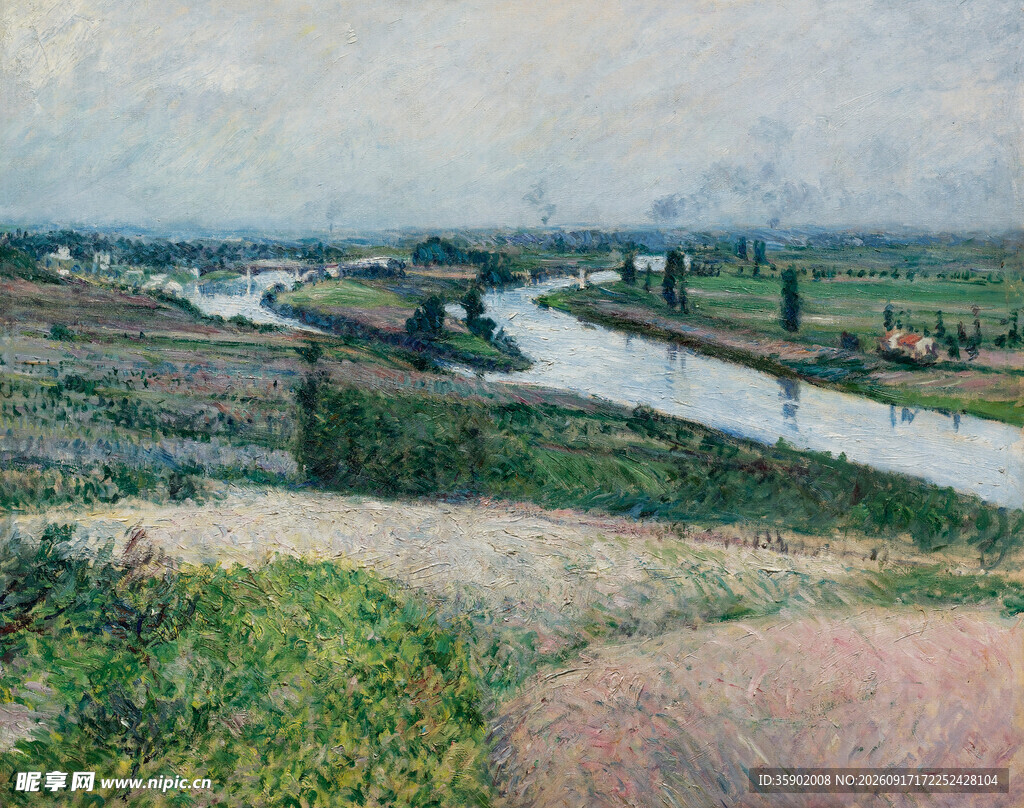 河畔田园风景油画