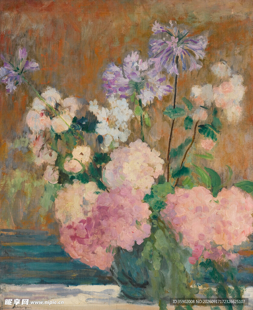 花瓶中的多彩花卉静物画