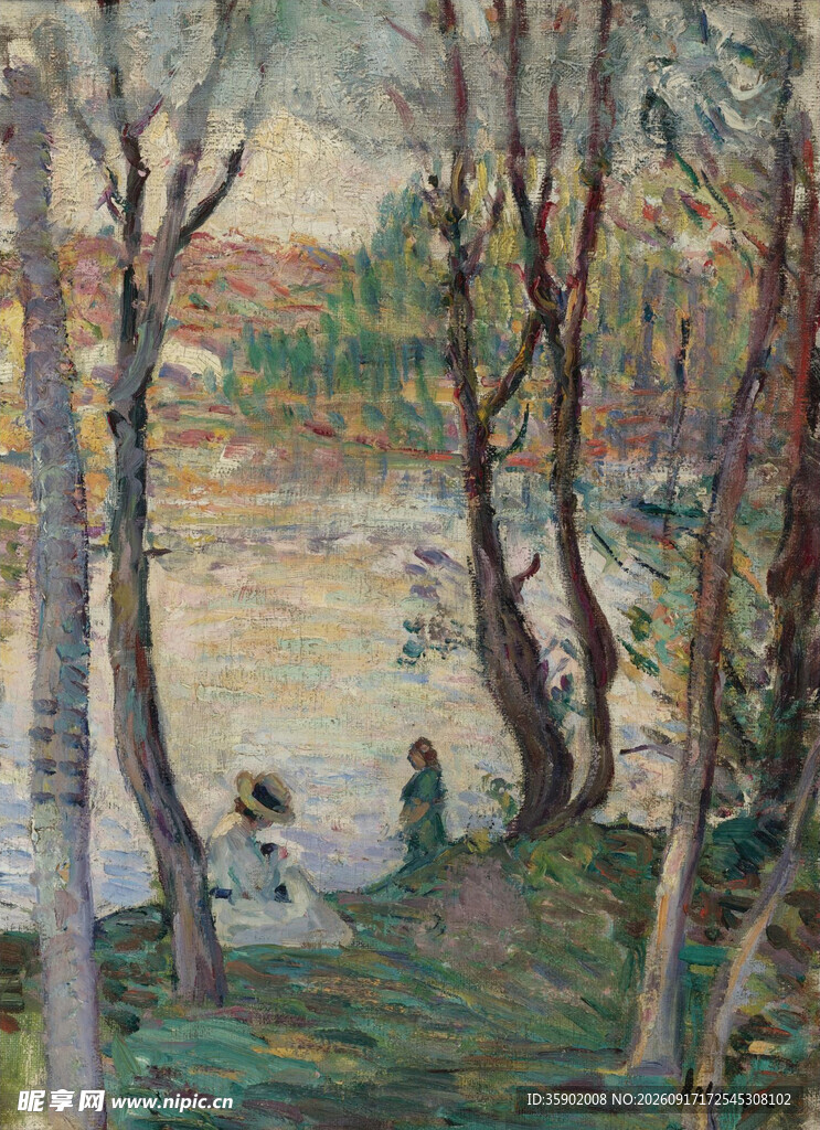 林间湖畔风景油画