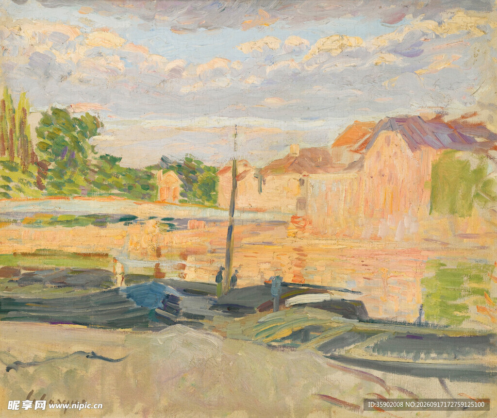 河畔风景油画