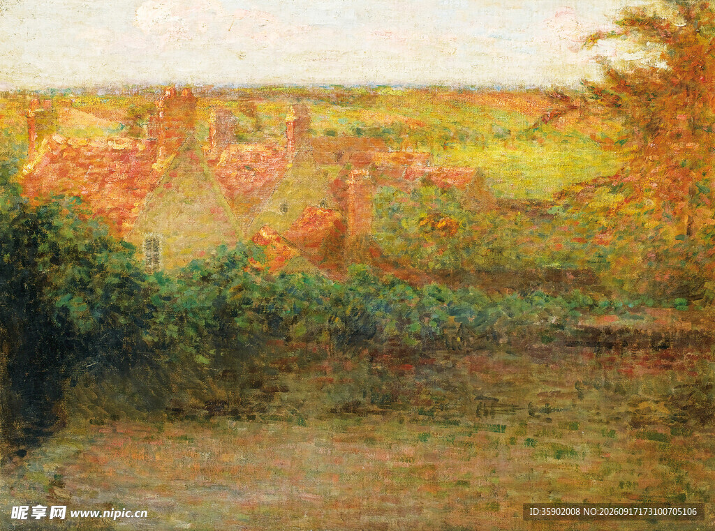 秋日乡村河畔风景油画
