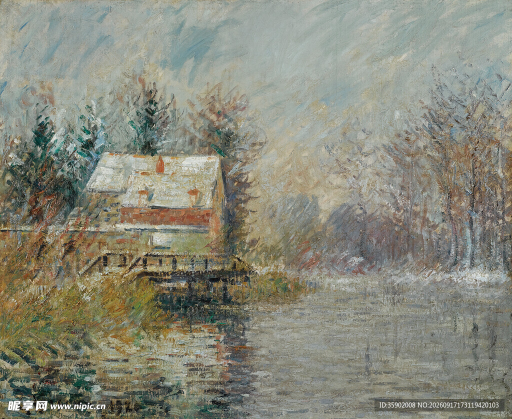 冬日河畔小屋风景