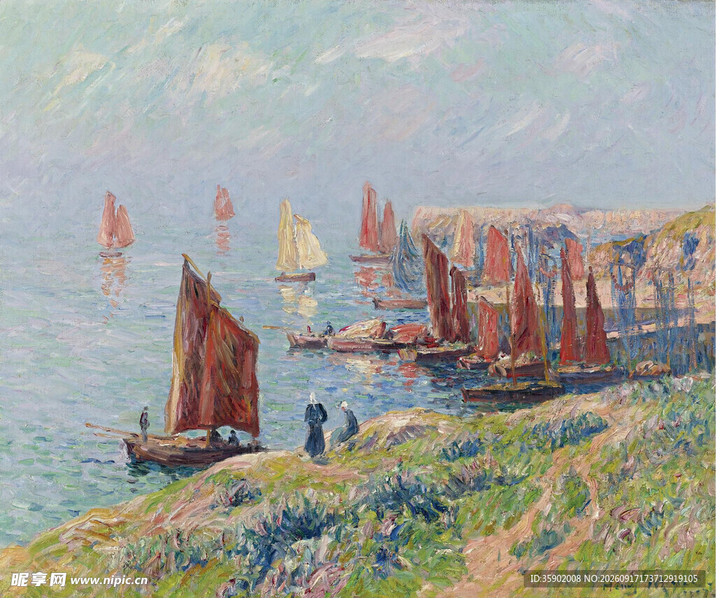 海边帆船风景油画