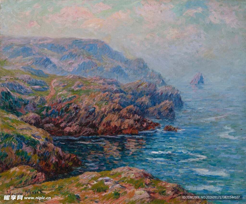 海边山峦风景油画