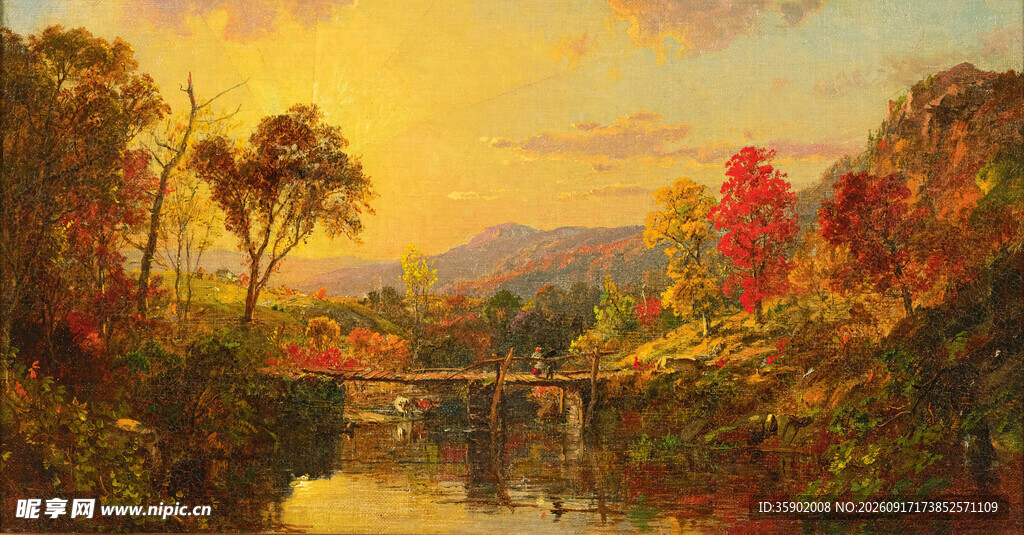 秋日河畔美景油画