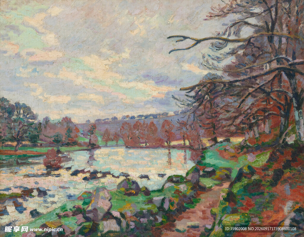 河畔风景油画