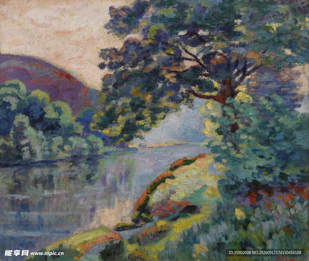 河畔树林风景油画