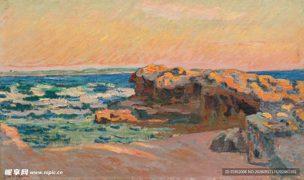 海边岩石风景油画