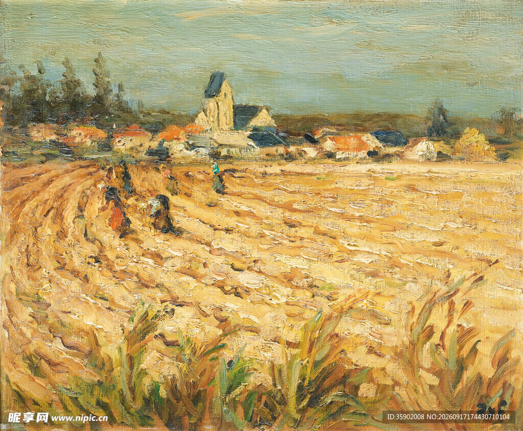 田野劳作景象油画