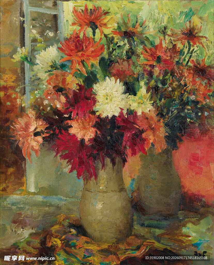 花瓶中的多彩花卉油画