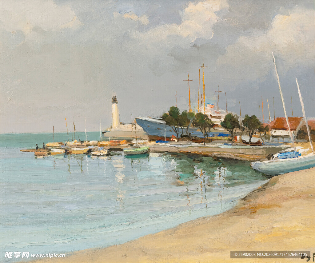 海滨码头风景油画