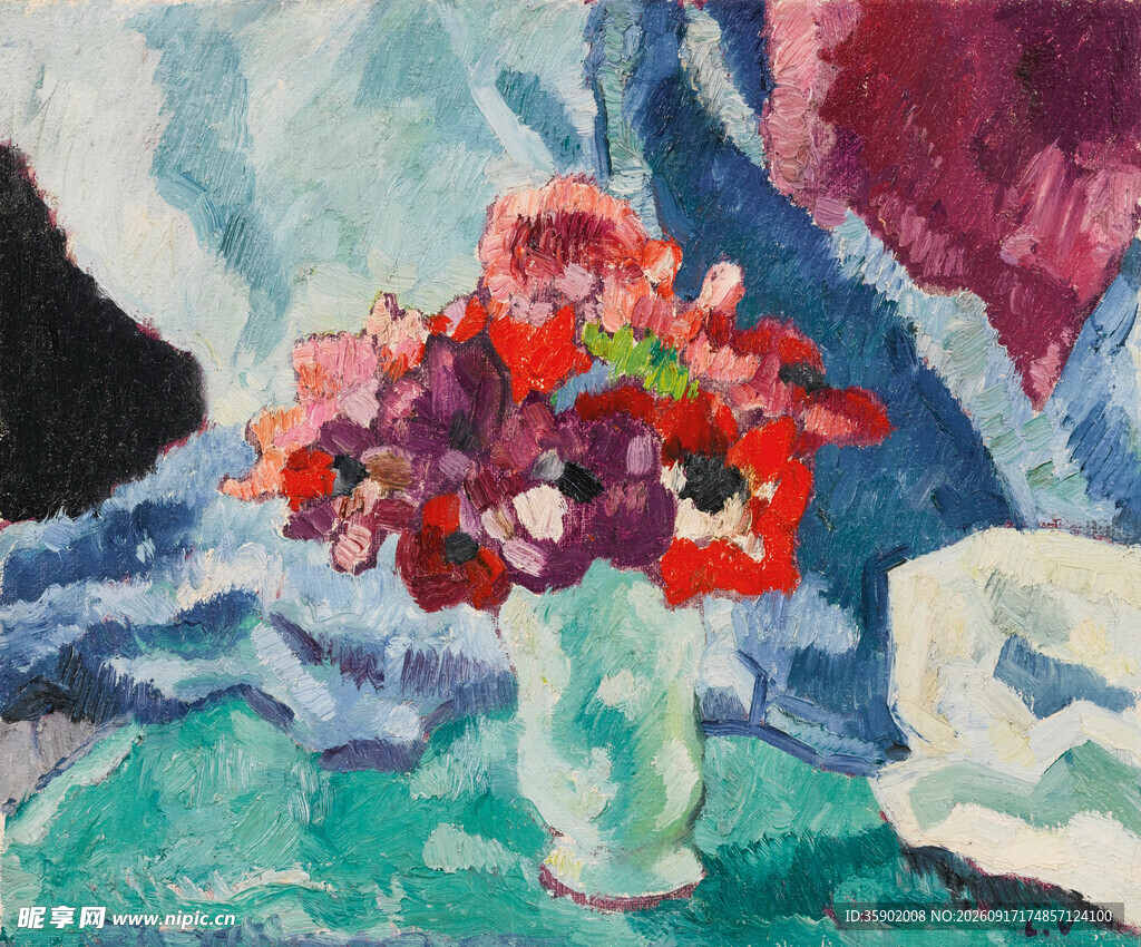 花瓶中的多彩花卉画作