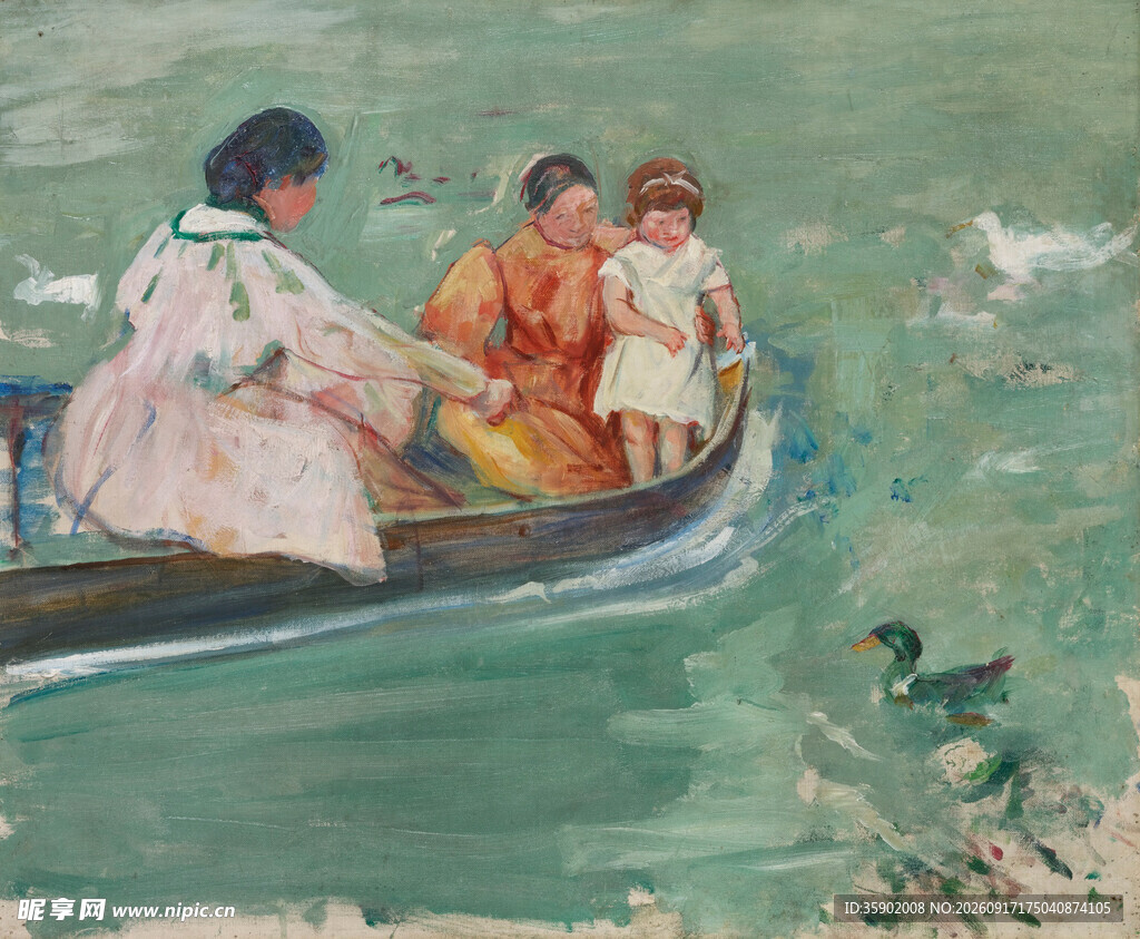 船上家庭与水中鸭子画面