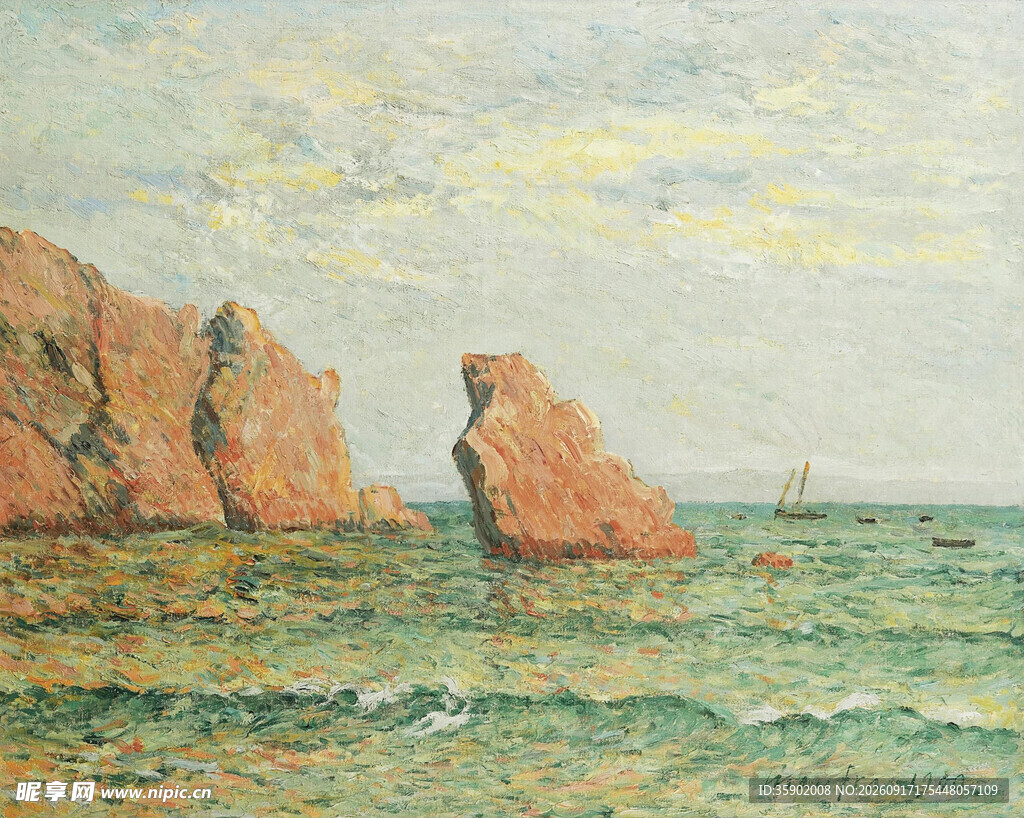 海边礁石风景油画