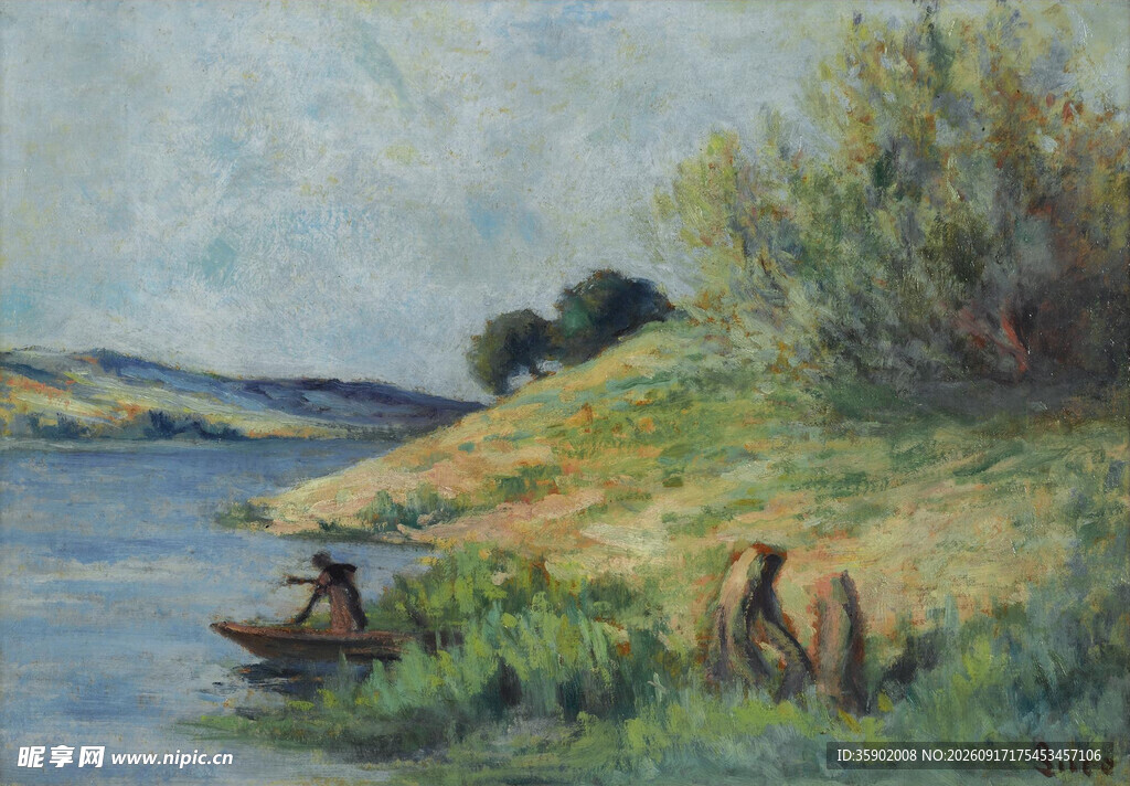 河畔泛舟风景油画