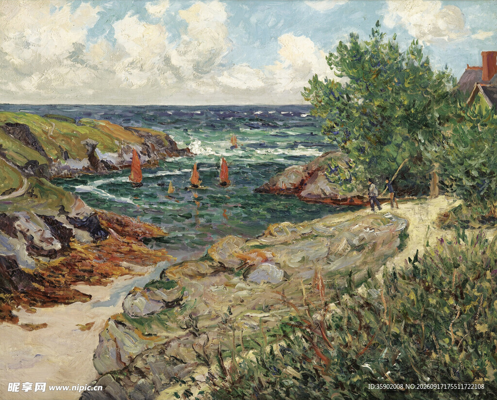 海边岩石风景油画