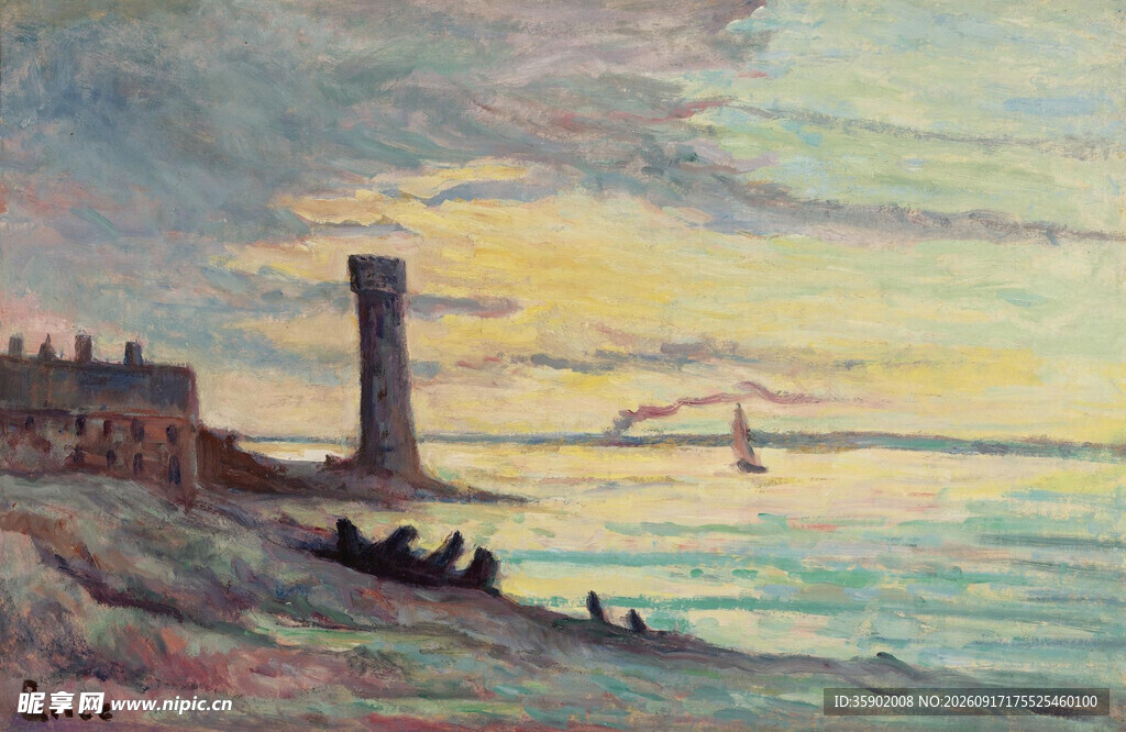 海边灯塔黄昏景象