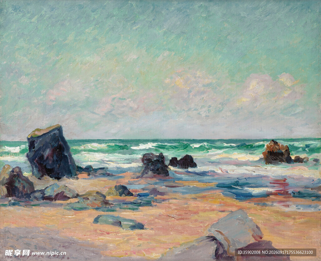 海边沙滩礁石风景油画