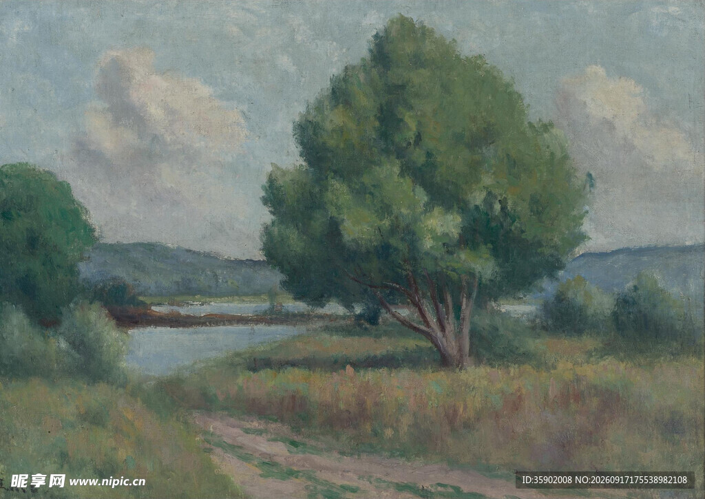 乡村河畔绿树风景油画