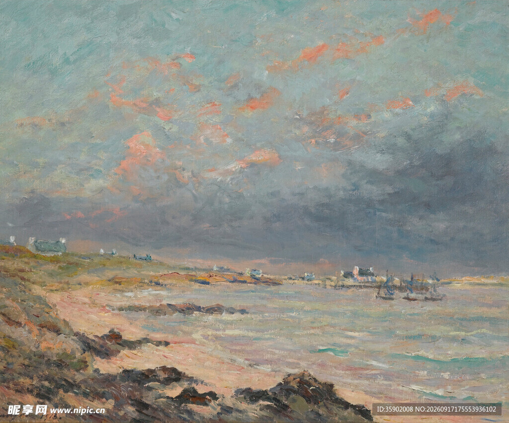 海边黄昏景色油画
