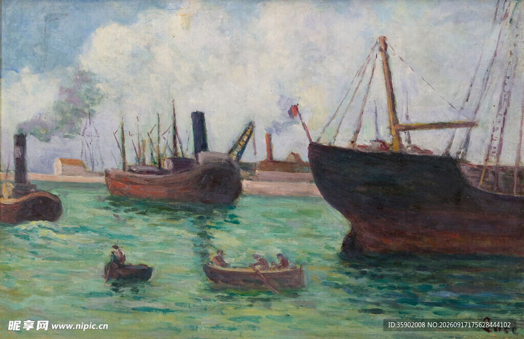 港口船只油画场景