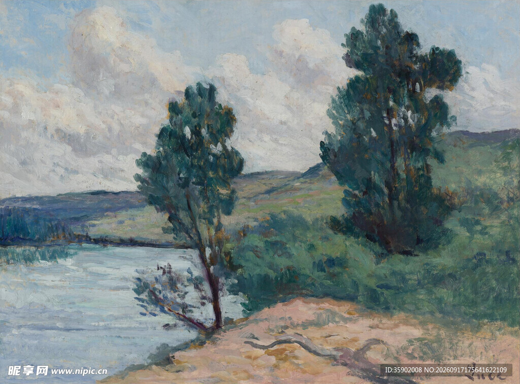 河畔绿树风景油画
