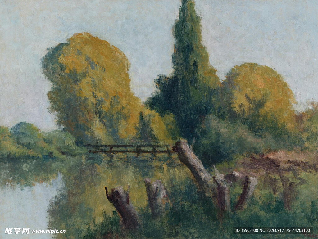 河畔风景油画