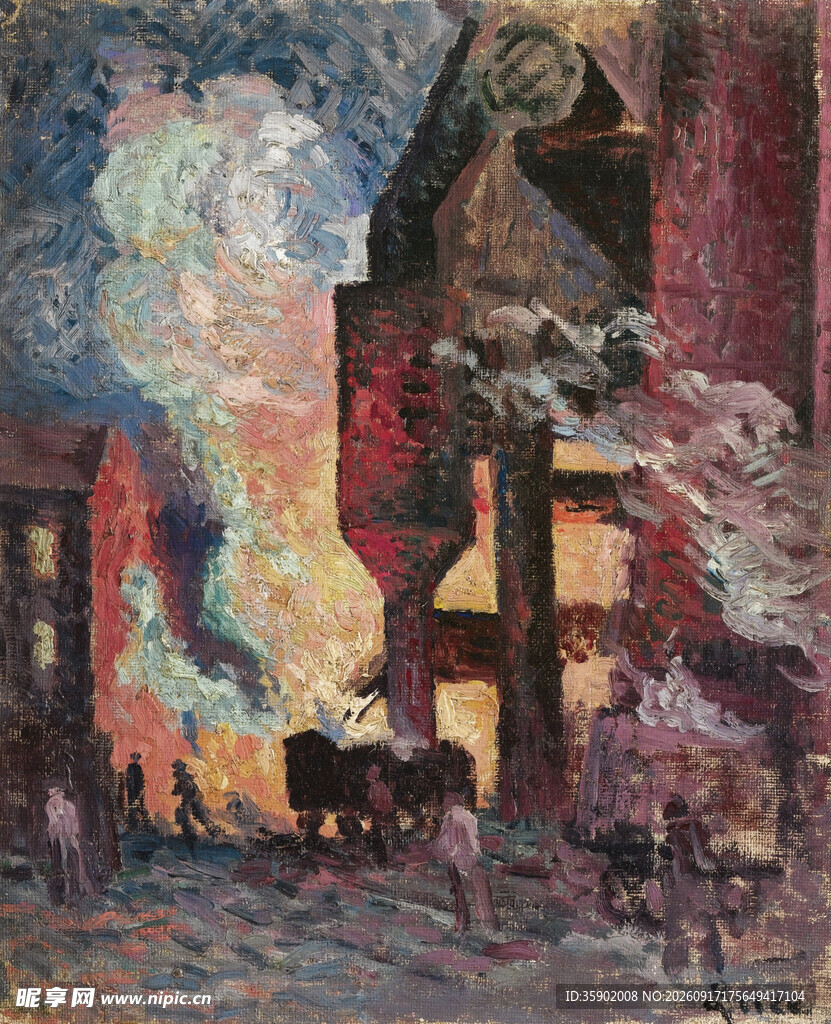 城市黄昏景象油画作品