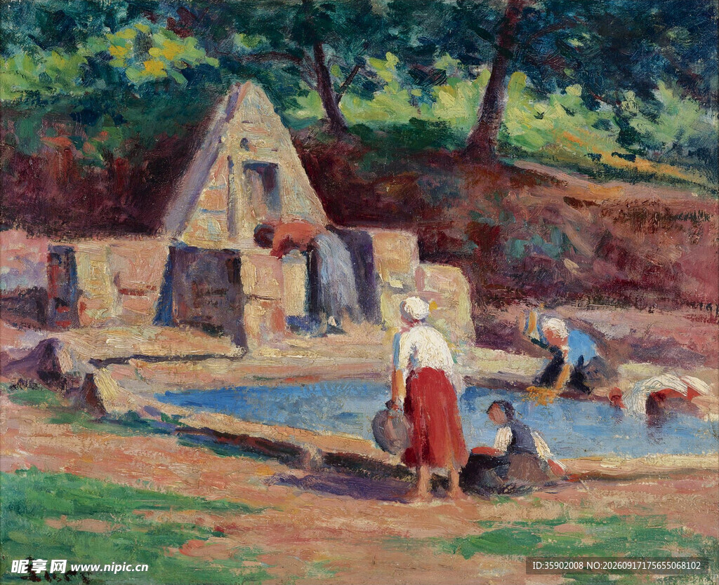 乡村池塘边的劳作场景