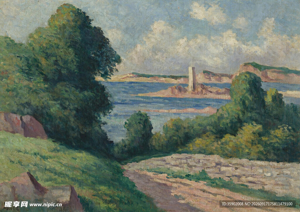 田园河畔风景油画