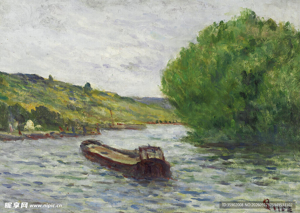 河畔小船风景油画